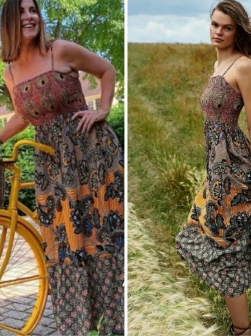 Anthropologie Jamila Smocked Maxi Dress Small Boho Floral Animal Print